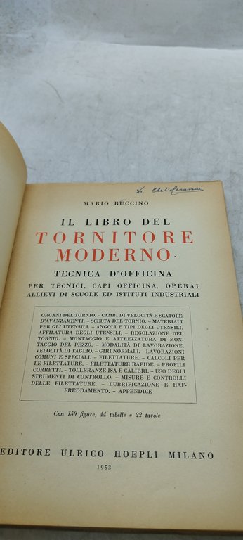 il libro del tornitore mderno tecnica d'officina hoepli