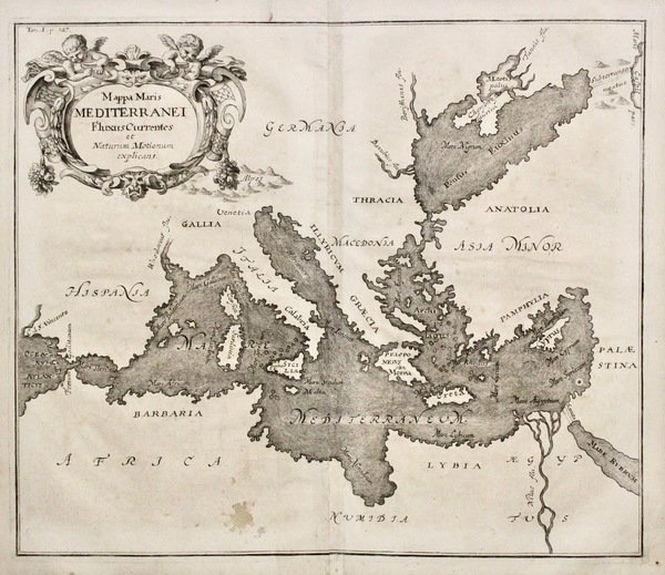 Mappa Maris Mediterranei, fluxus currentes et naturam motionum explicans.