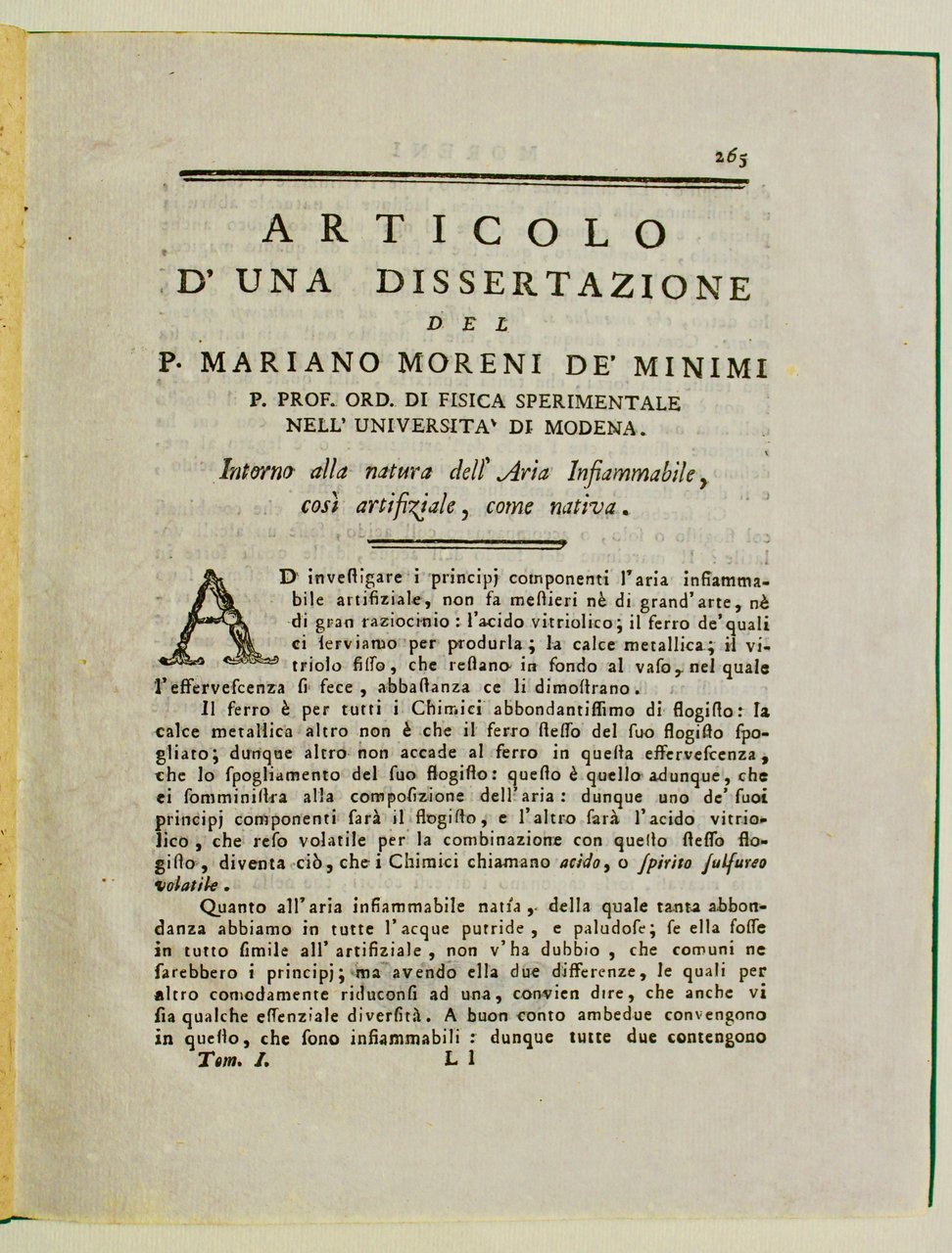 Articolo d'una dissertazione intorno alla natura dell'aria infiammabile, così artificiale, …