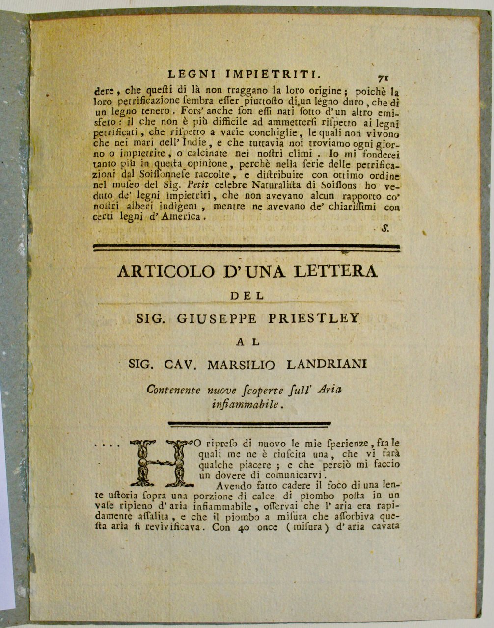 Articolo d'una lettera …al sig. cav. Marsilio Landriani contenente nuove …