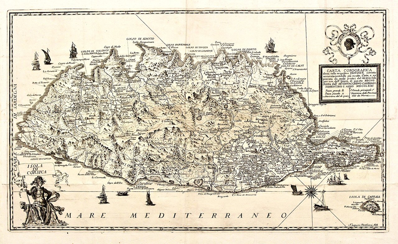Isola di Corsica. Carta Corografica divisa nelle respettive Province, estratta …