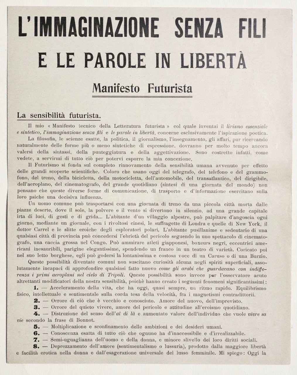 L'immaginazione senza fili e le parole in libertà. Manifesto Futurista. | Immagine principale