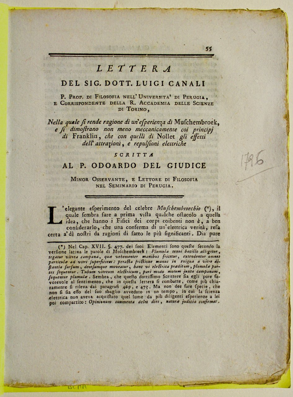 Lettera nella quale si rende ragione di un'esperienza di Muschenbroeck, …