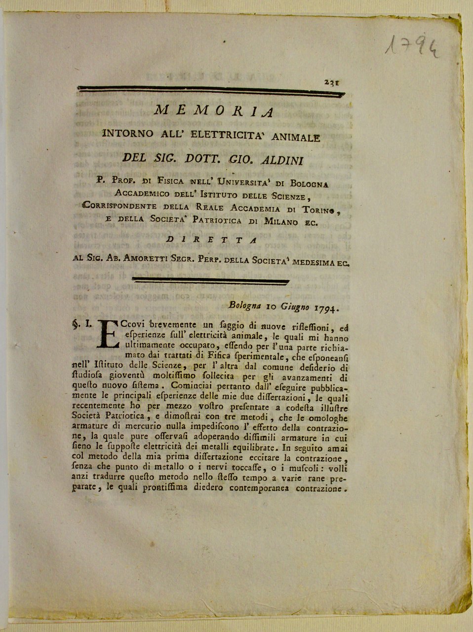 Memoria intorno all'elettricità animale…al…Sig. Ab. Amoretti…