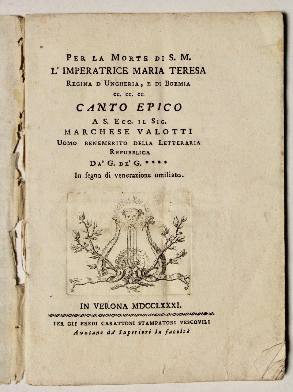Per la Morte di S:M: l'Imperatrice Maria Teresa Regina d'Ungheria, …