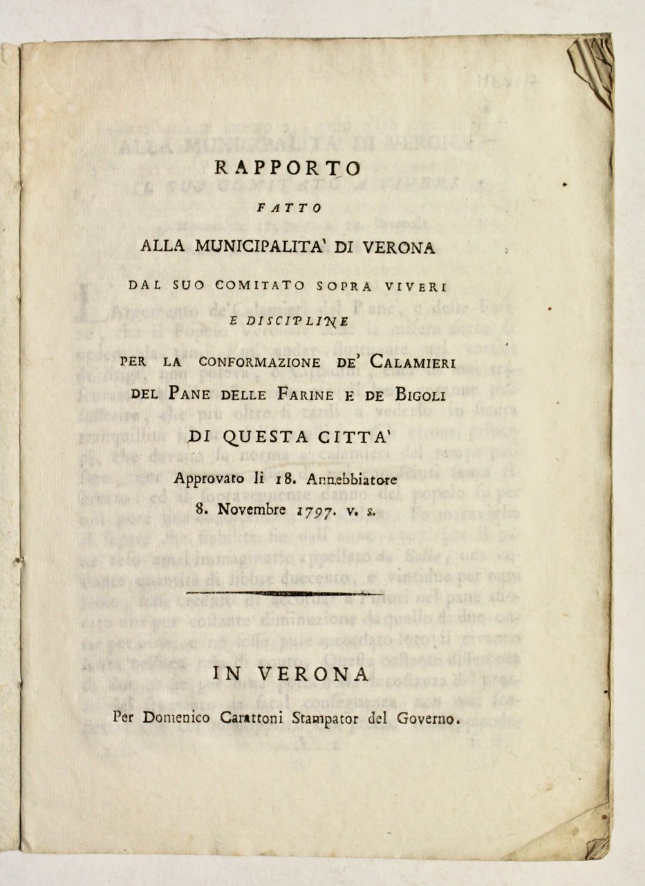 Rapporto fatto alla Municipalità di Verona dal suo comitato sopra …