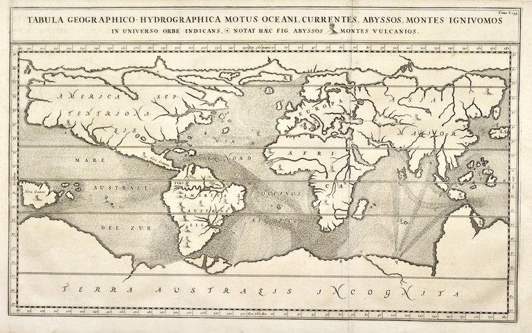 Tabula geographico-hydrographica motus oceani currentes, abyssos, montes igniuomos in universo …