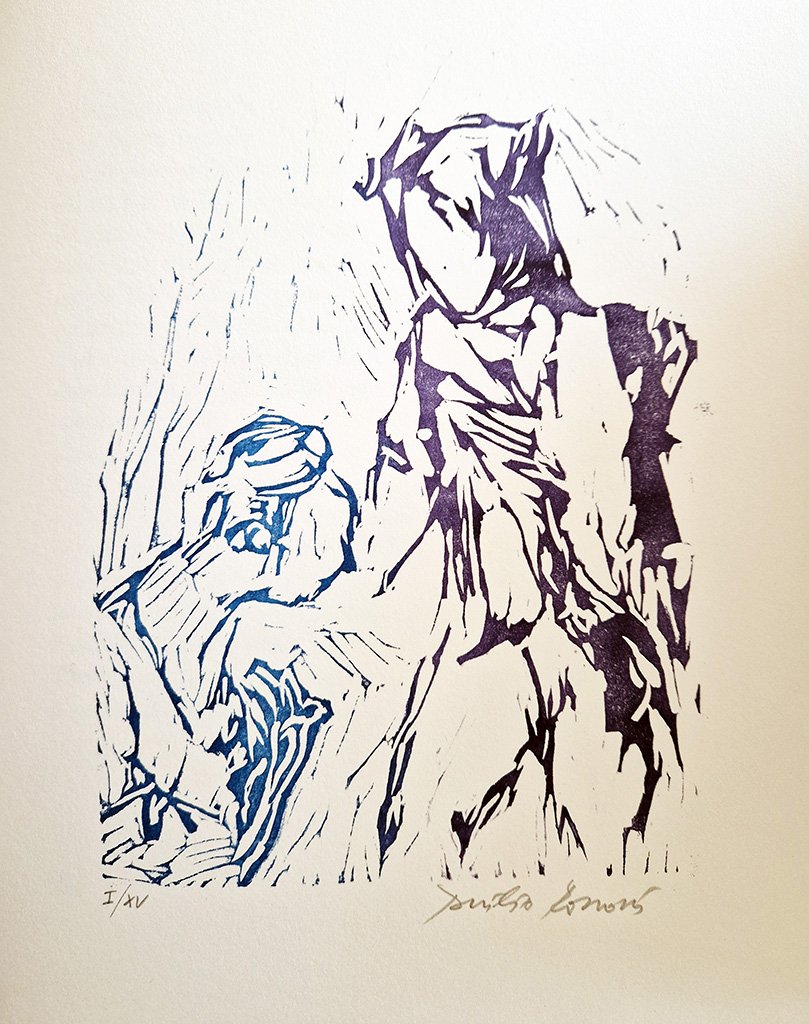 Favolello Medioevale. Una lezione... salata. Linoleum di Duilio Rossoni.