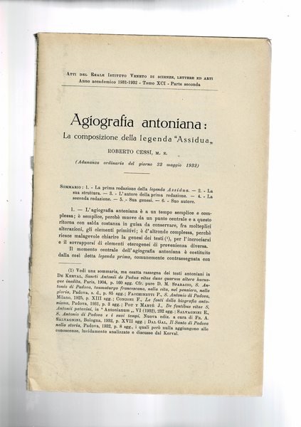 Agiografia antoniana: la composizione della leggenda "Assidua". Estratto dagli Atti …