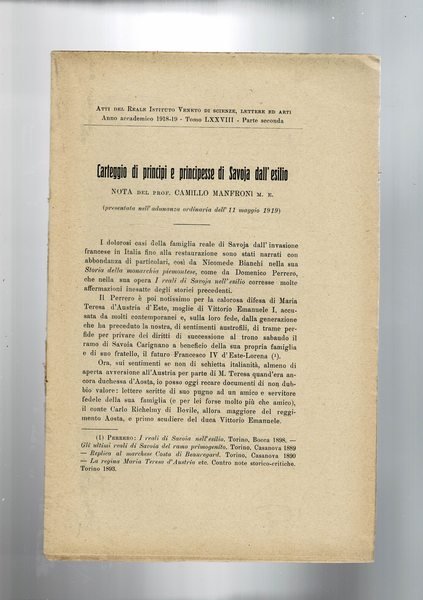Carteggio di principi e principesse di Savoja dall'esilio. Nota. Estratto …