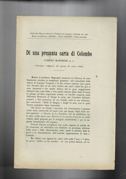 Di una presunta carta di Colombo. Estratto dagli Atti del …