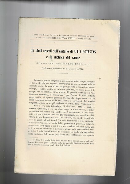 Gli studi sull'epitaffio di Allia Potestas e la metrica del …