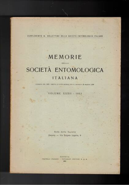 Memorie della società entomologica italiana vol. XXXII - 1953. Cronologia …