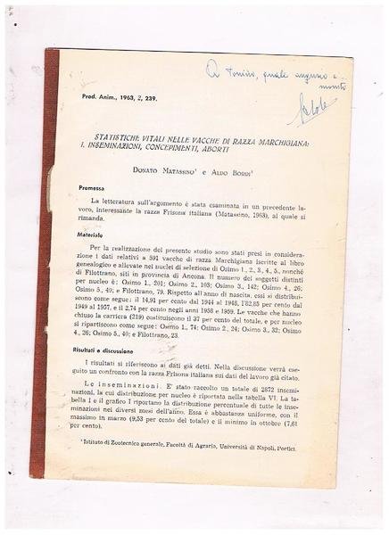 Statistiche vitali nelle vacche di razza marchigiana: inseminazione, concepimenti, aborti. …