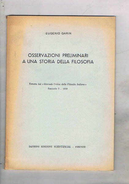 Osservazioni preliminari a una storia della filosofia. Estratto.