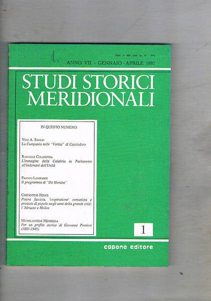 Studi storici meridionali, quadrimestrale, annata 1987. L'immagine della calabria in …