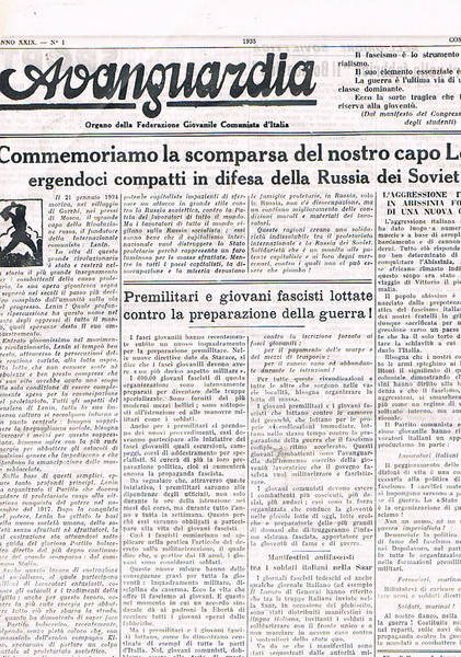 Avanguardia, organo della Federazione Giovanile Comunista d'Italia, n° 1 del …