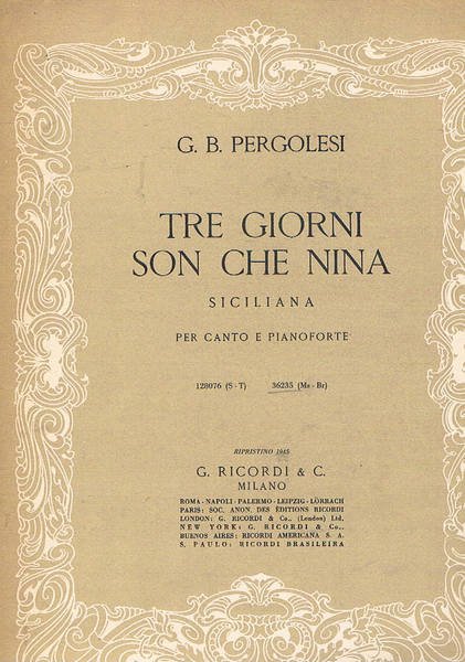 Tre giorni son che nina. Sicliana per canto e pianoforte.