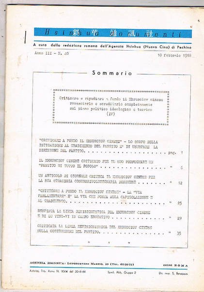 Hisinuha documenti. anno III° n° 40 del 10 feb. 1968. …