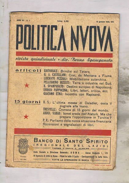 Politica Nuova qunidicinale n° 15 genn. 1939. Brindisi sul Tevere; …
