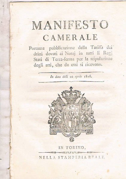 Manifesto Camerale. Portante pubblicazione della tariffa dei dritti dovuti ai …
