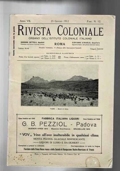 Rivista coloniale organo dell'istituto colonale italiano n° 15 giugno 1912.