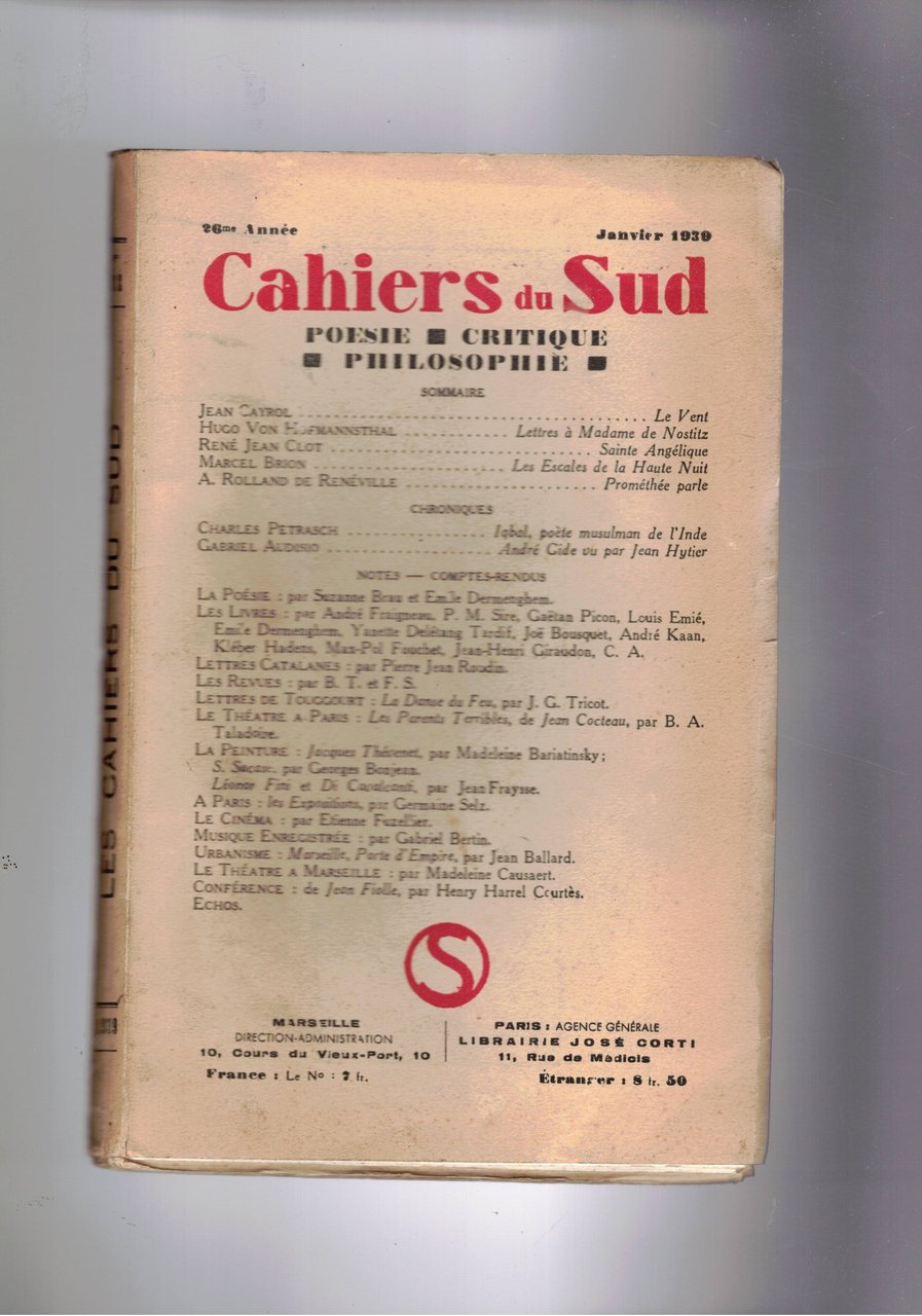 Cahiers du Sud. mensile Poesia, critica filosofia. n° di genn. …