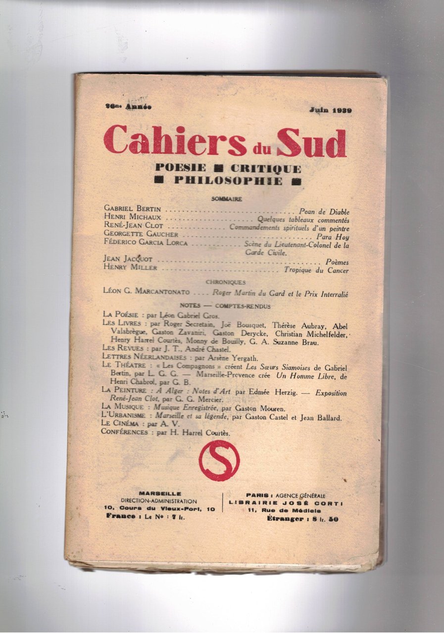 Cahiers du Sud. mensile Poesia, critica filosofia. n° di juin. …