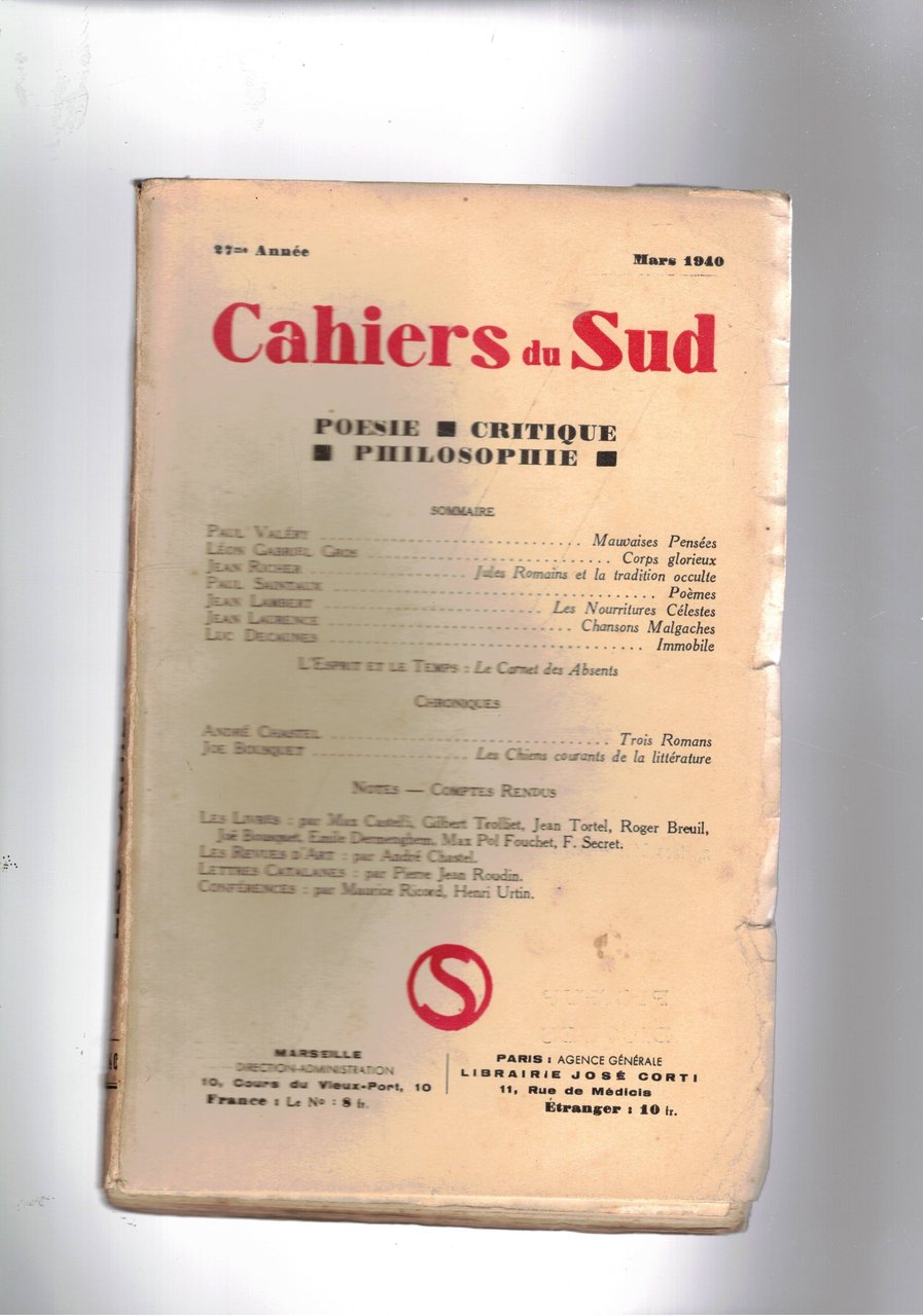 Cahiers du Sud. mensile Poesia, critica filosofia. n° di mars. …
