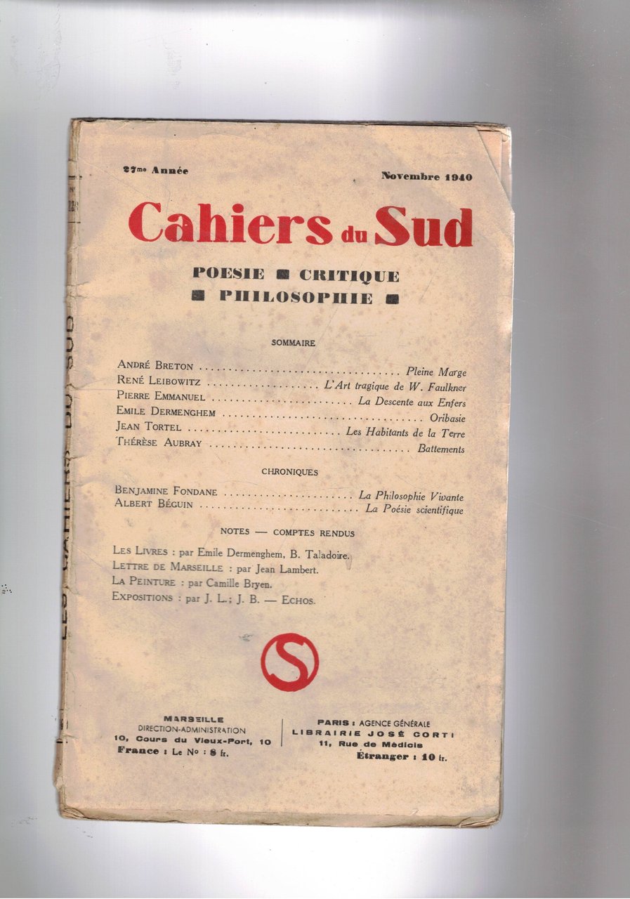 Cahiers du Sud. mensile Poesia, critica filosofia. n° di nov. …