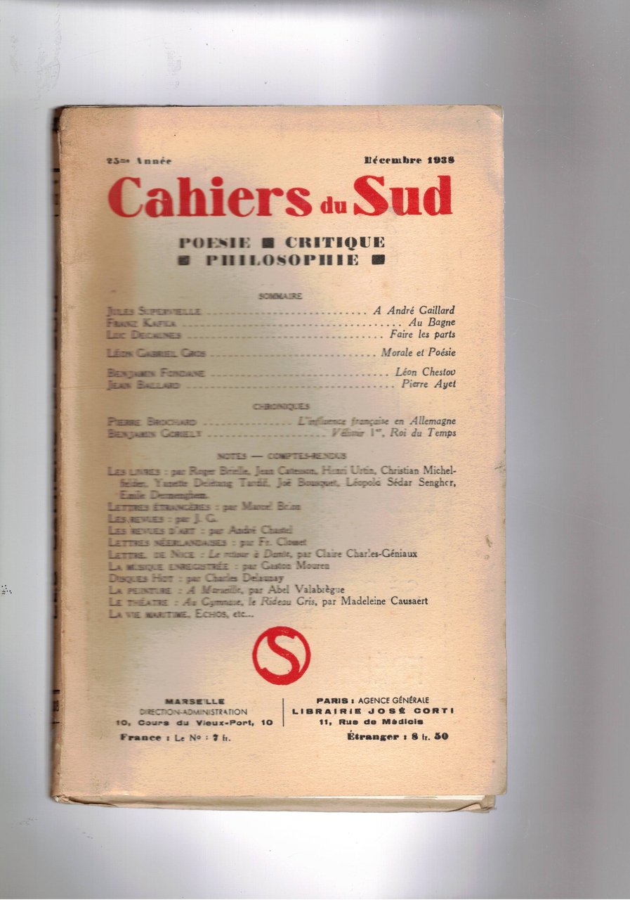Cahiers du Sud. mensile Poesia, critica filosofia. n° dic. 1938. …