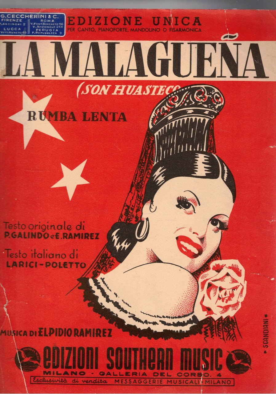 La malaguena, rumba lenta. Edizione per canto e pianoforte mandolino …