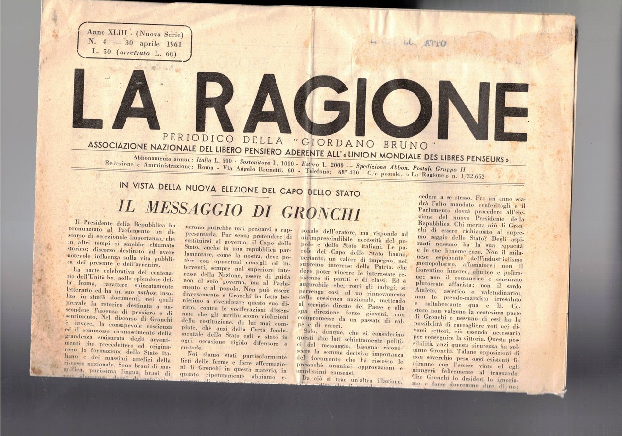 La Ragione, periodico della "Giordano Bruno" dell'associazione nazionale del libero …
