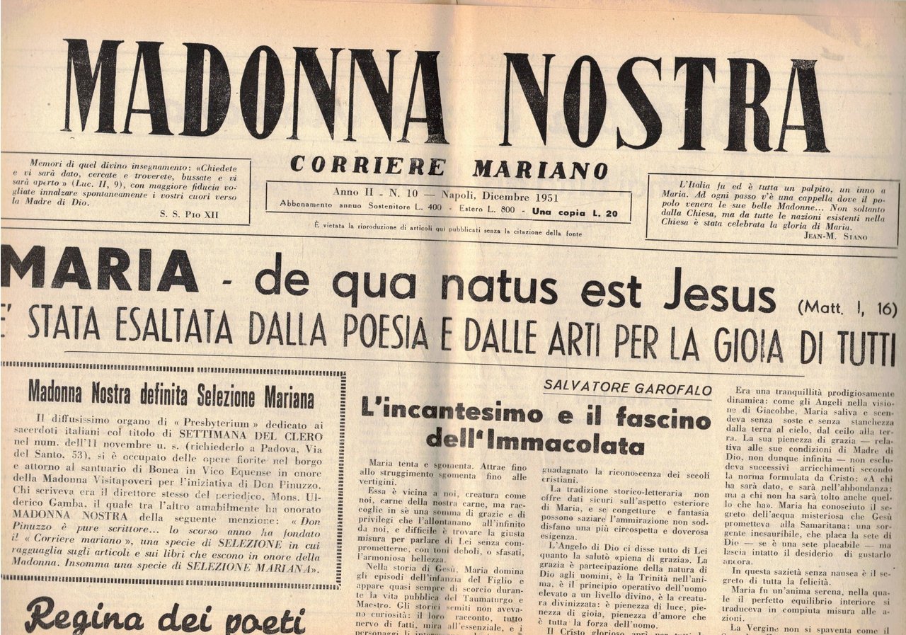 Madonna Nostra, corriere Mariano. Mensile disponiamo dell'anno II° 1952 completo …