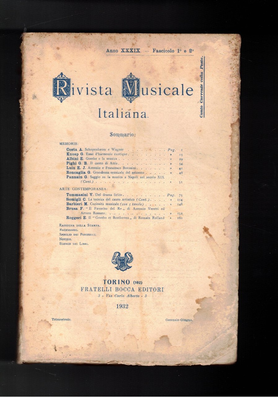 Rivista musicale italiana, trimestrale, anno XXXIX del 1932. In tre …