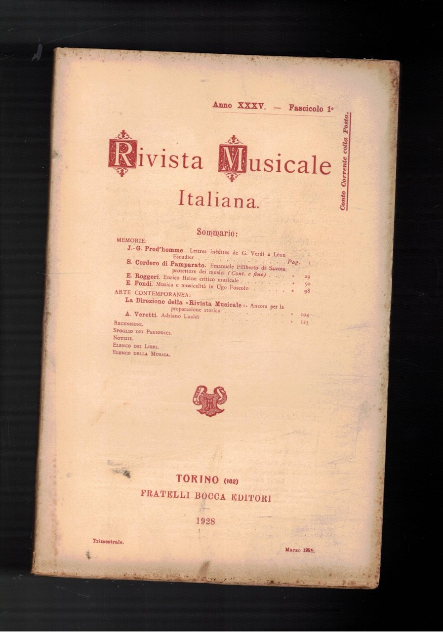 Rivista musicale italiana, trimestrale, anno XXXV del 1928. Lettres inédites …