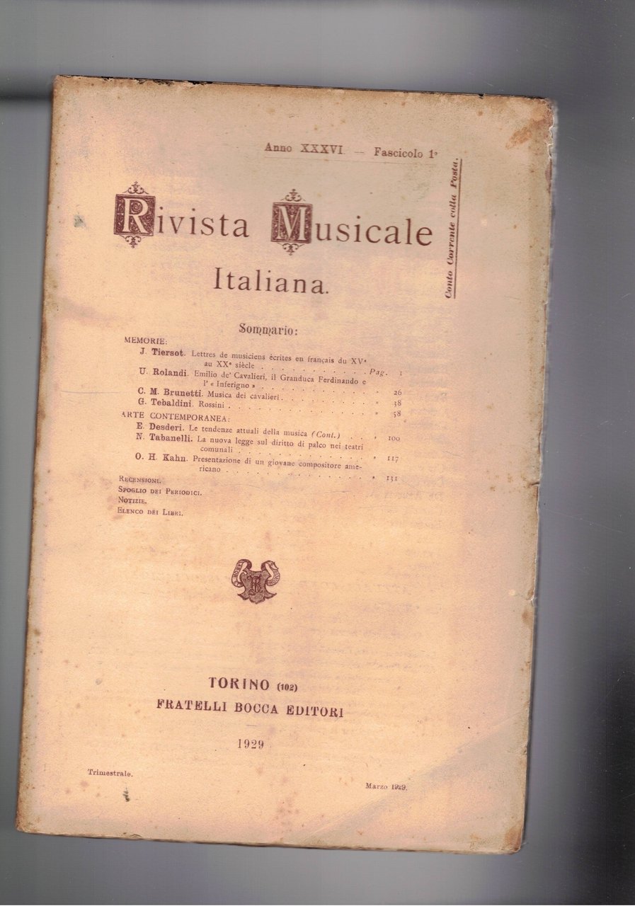 Rivista musicale italiana, trimestrale, anno XXXVI del 1929. Rossini di …