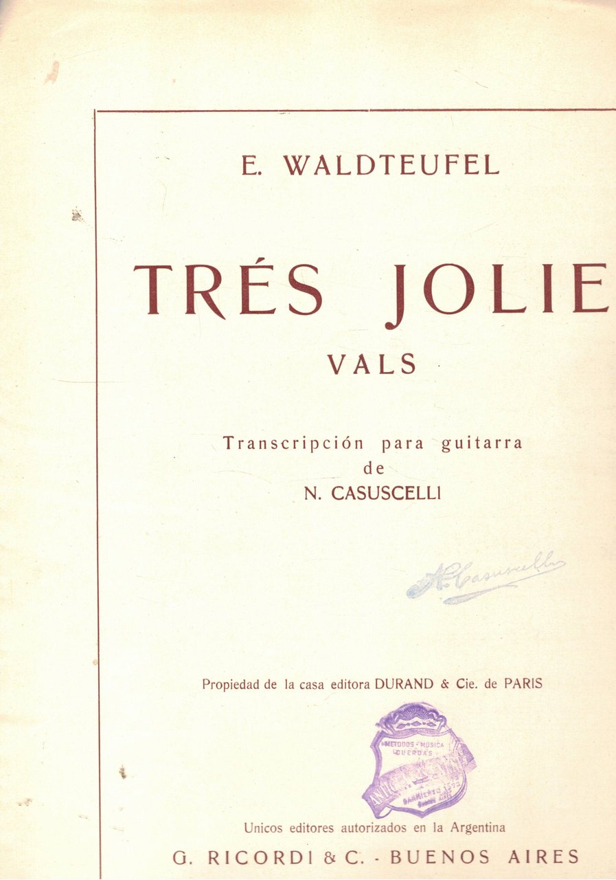 Trés Jolie vals. Transcription para guitarrade N. Casuscelli.
