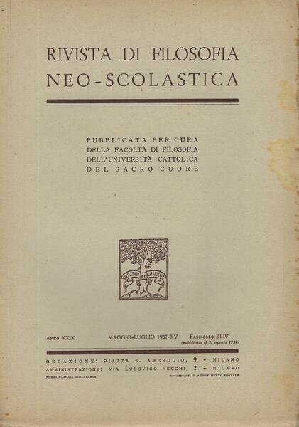 Rivista di filosofia neo-scolastica anno XXIX, fascicolo 3-4, maggio-luglio 1937