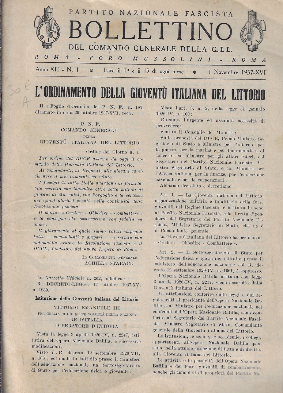 L'ordinamento della Gioventù italiana del littorio | Immagine principale