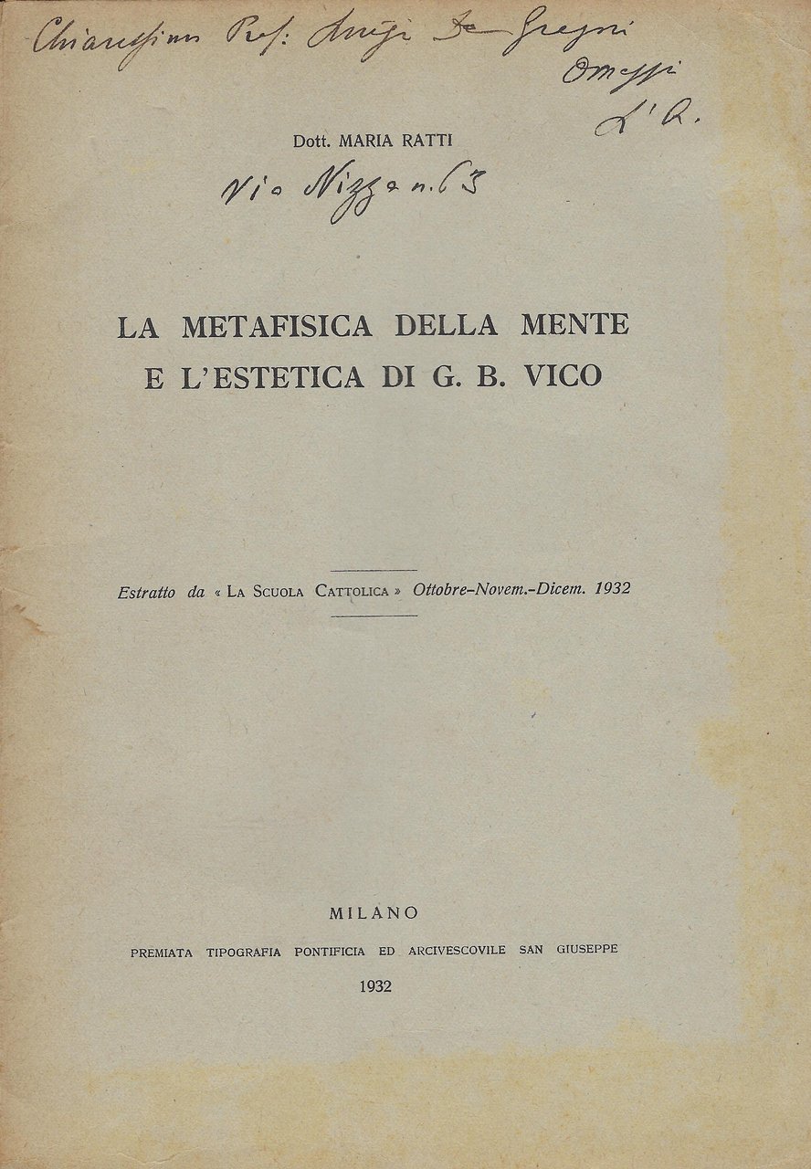 Metafisica della mente e l'estetica di G. B. Vico