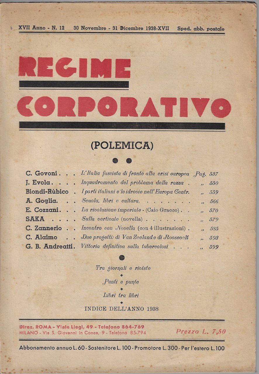 Regime corporativo (polemica), n. 12, novembre-dicembre 1938