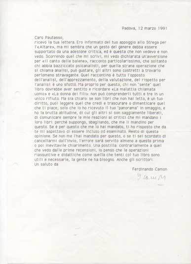Lettera dattiloscritta con firma autografa, datata Padova 12 marzo 1991, …
