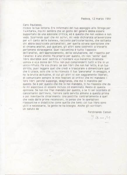 Lettera dattiloscritta con firma autografa, datata Padova 12 marzo 1991, …