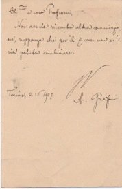 Cartolina postale viaggiata, autografa firmata inviata a Vittorio Ferrari. Datata 2 aprile 1907.