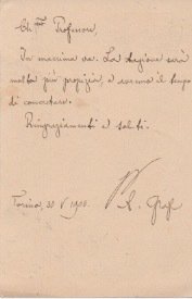Cartolina postale viaggiata, autografa firmata inviata a Vittorio Ferrari. Datata 30 maggio 1900.