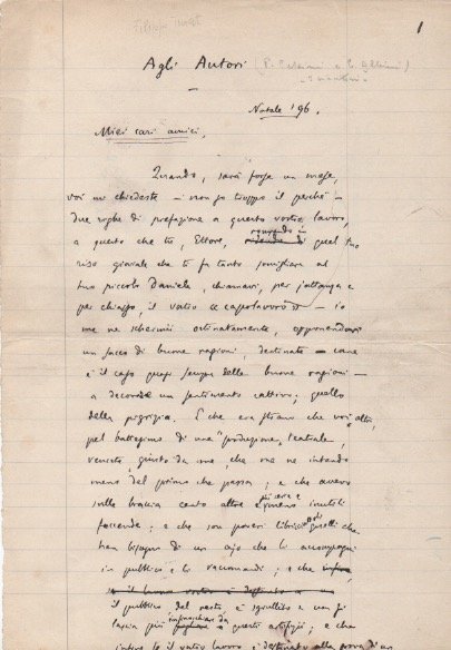 “Agli Autori”. Testo in prosa autografo firmato. Datato “Natale 1896”
