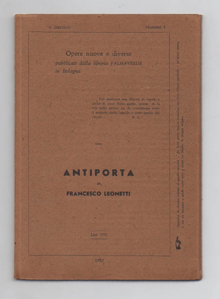 Antiporta. Manoscritto di un giovane [RILEGATURA ORIGINALE A PORTAFOGLIO]