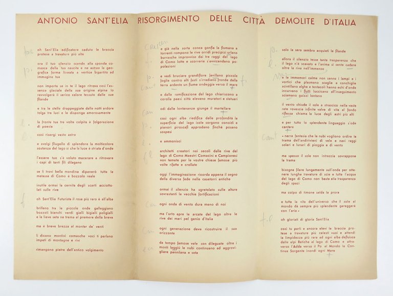 Antonio Sant’Elia. Risorgimento delle città demolite d’Italia. Canzone futurista di …