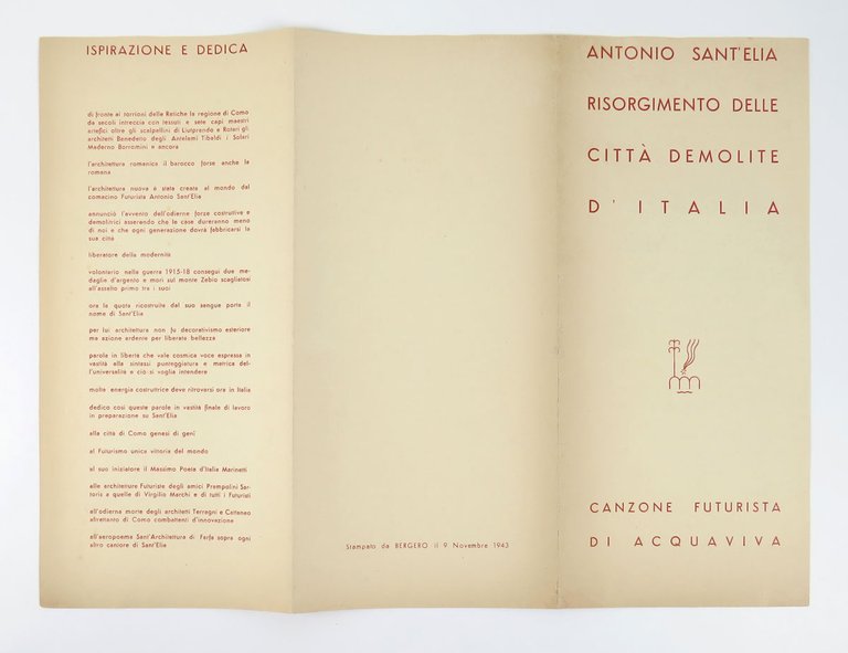 Antonio Sant’Elia. Risorgimento delle città demolite d’Italia. Canzone futurista di …